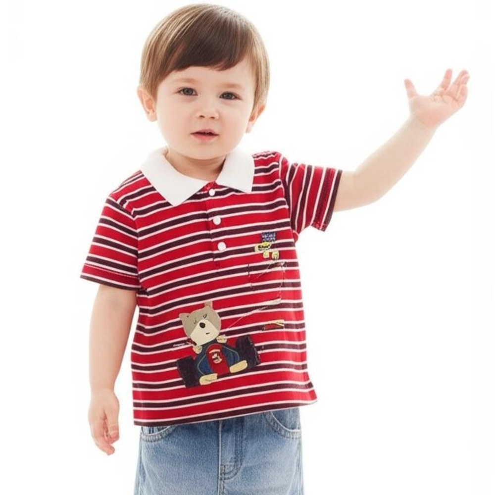 Okie Dokie Polo Shirt Baby 6-9 Months Red White Striped Collared Ready Set Go